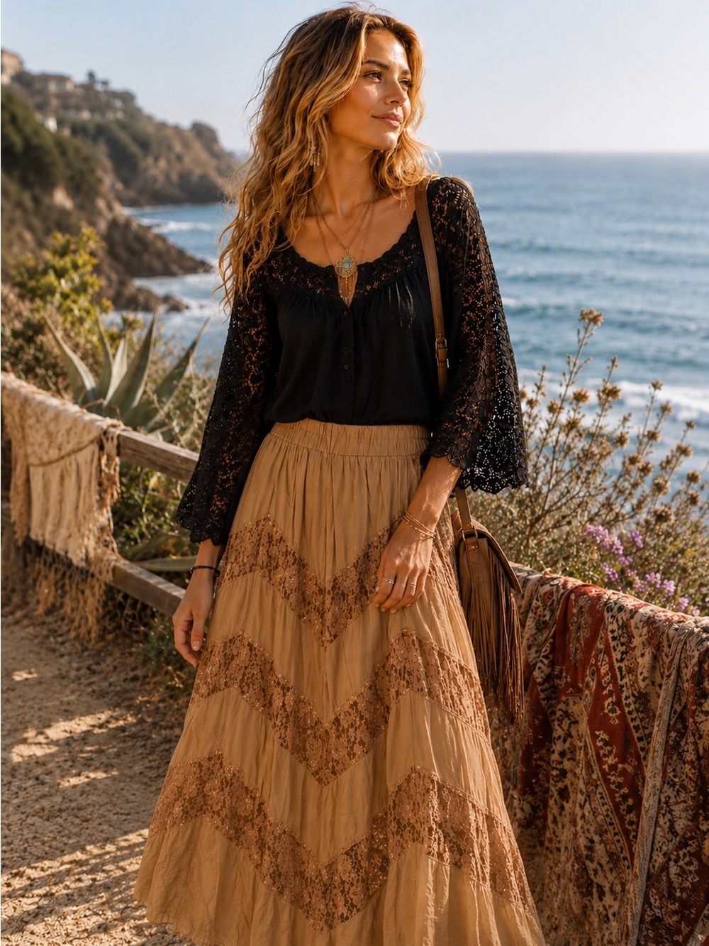 Raj Beige Lace Chevron Maxi Skirt